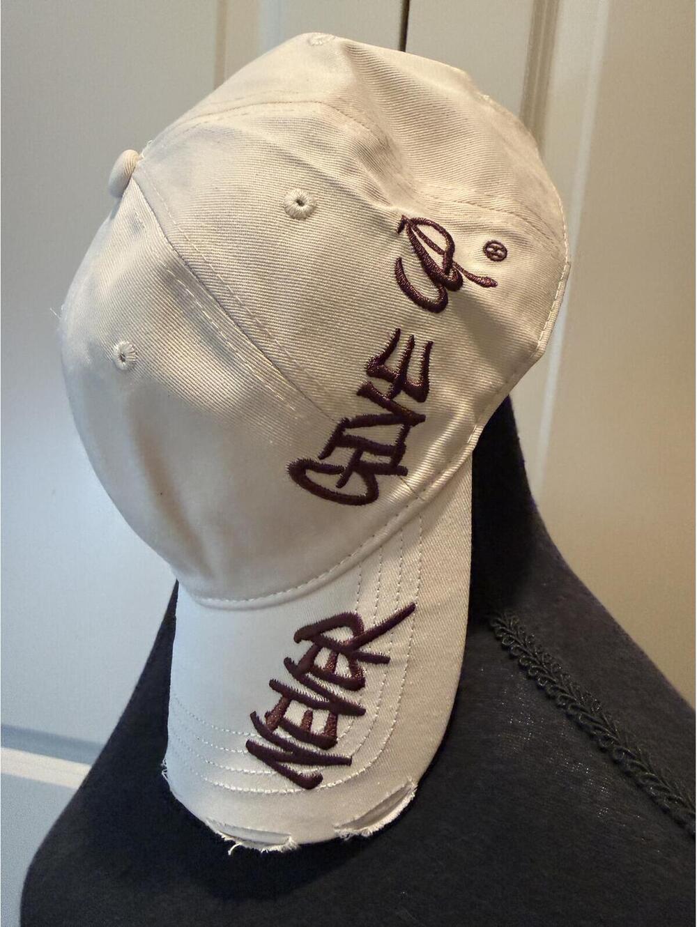 Beige Baseball Cap with 'Never Give Up' Embroidery Intentionally Distressed New